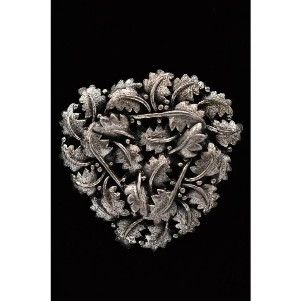 Vintage Leaf Pin Brooch Brushed Silver Pewter Textured Leaves Chunky 1980s 9B